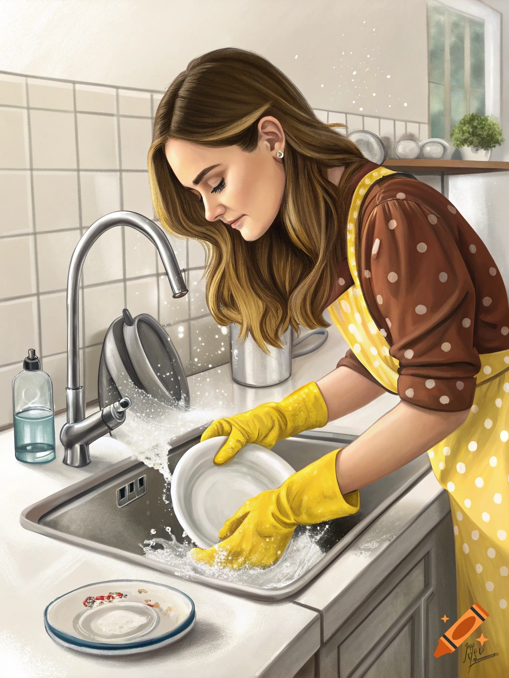 Digital illustration of a woman with long brown hair wearing a brown polka-dot shirt and yellow apron, washing dishes in a kitchen sink with yellow rubber gloves.