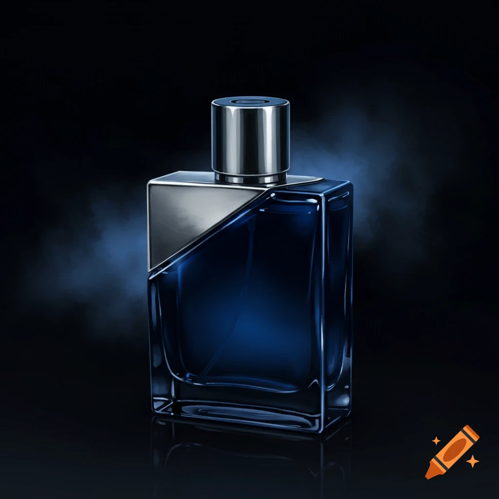 A sleek blue and silver fragrance bottle on a dark background with blue mist.