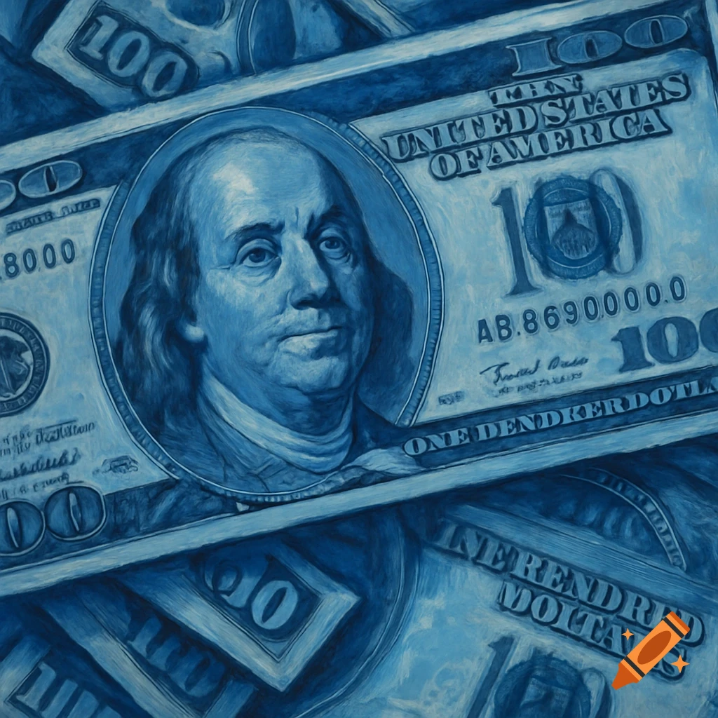 Close-up of several hundred-dollar bills in shades of blue, with Benjamin Franklin's portrait visible.
