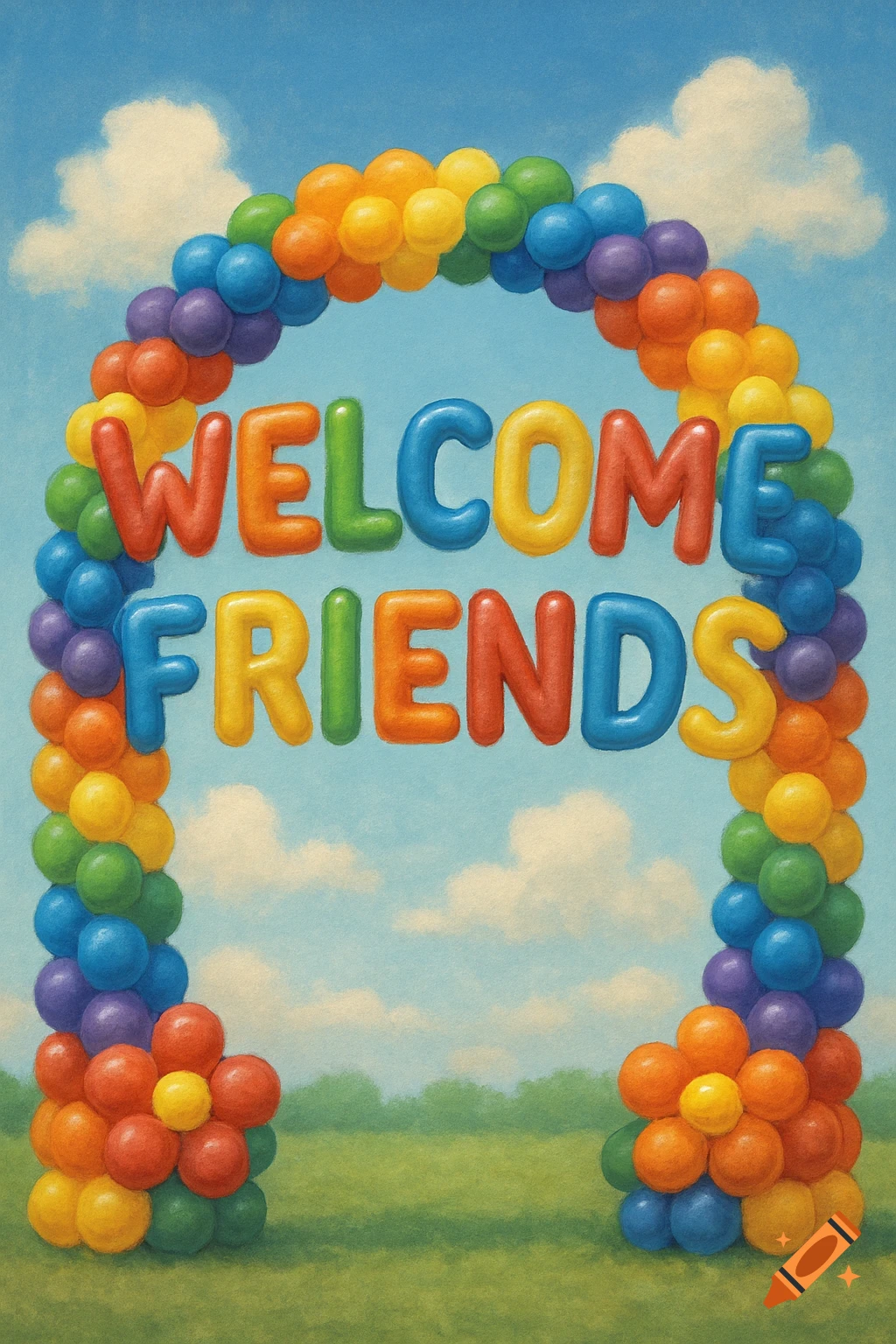 A vibrant, rainbow-colored balloon arch spells out 'WELCOME FRIENDS' against a blue sky and green landscape, in a painted style.