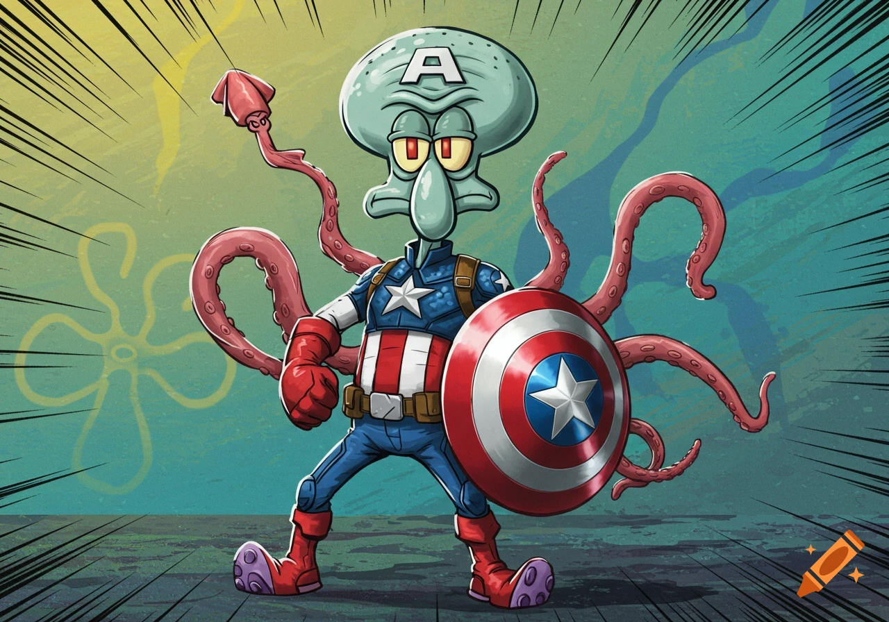 Squidward from Spongebob Squarepants dressed as Captain America, holding a shield, in a comic book style.
