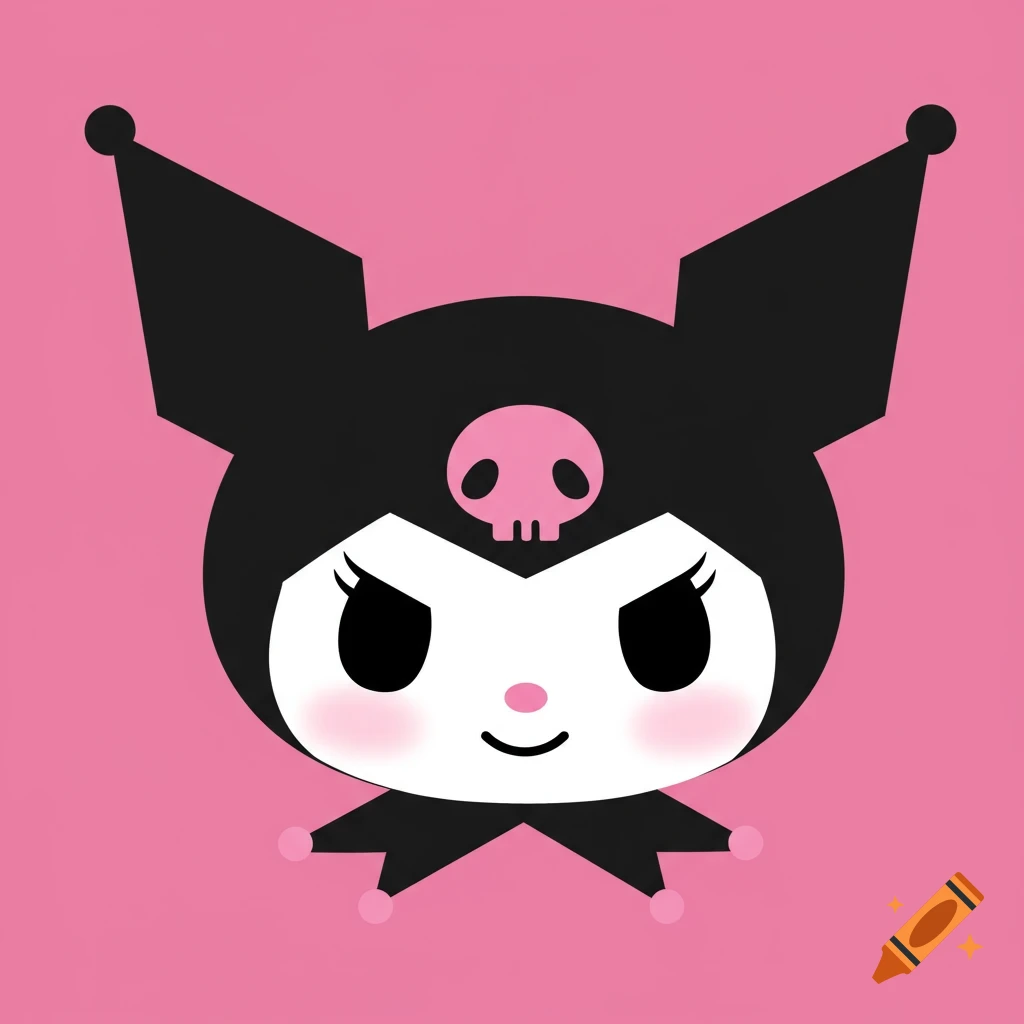 A minimalist illustration of Kuromi's head against a pink background, featuring black ears, a white face, and a pink skull.