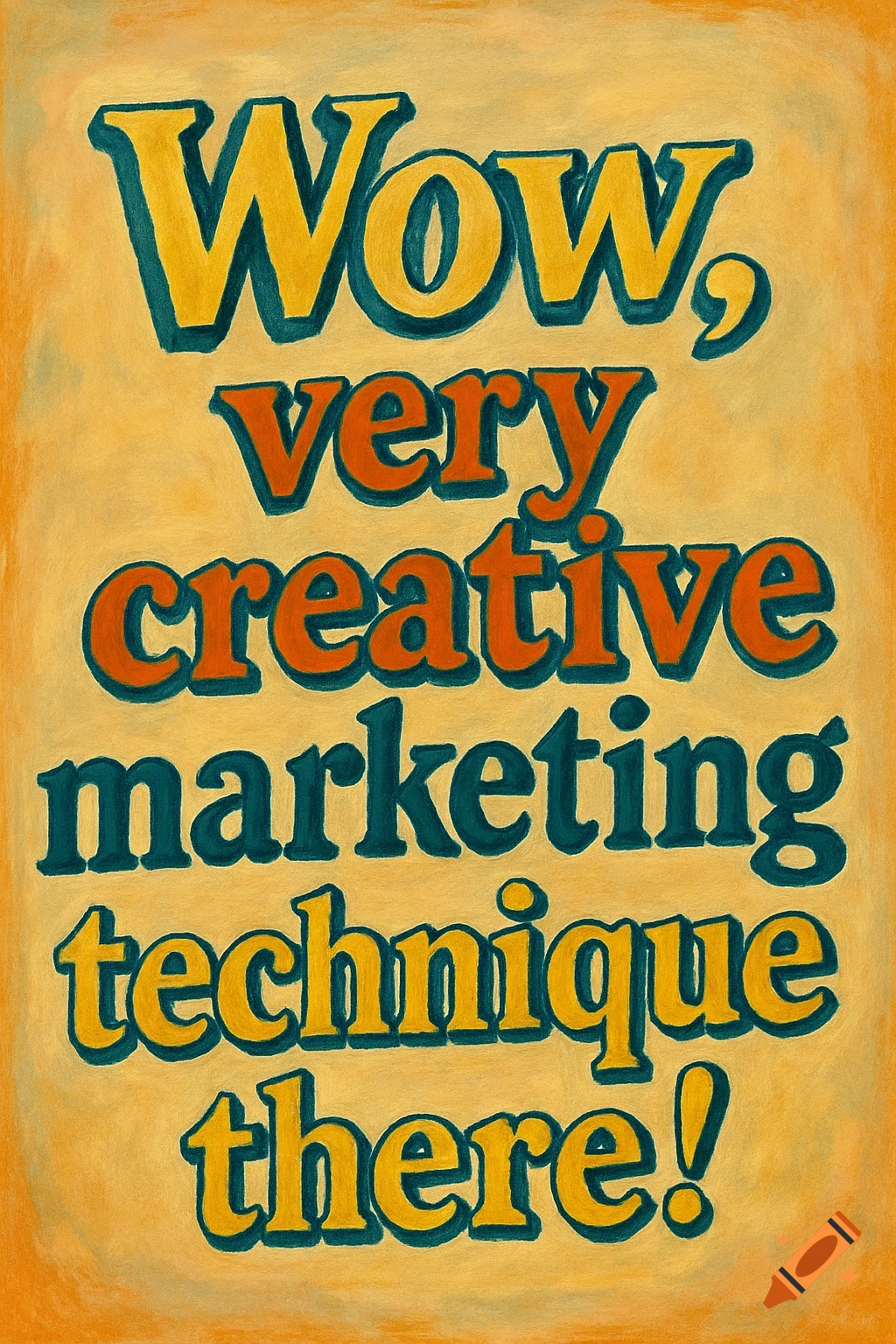Retro-style poster with the text 'Wow, very creative marketing technique there!' in yellow, orange, and teal.