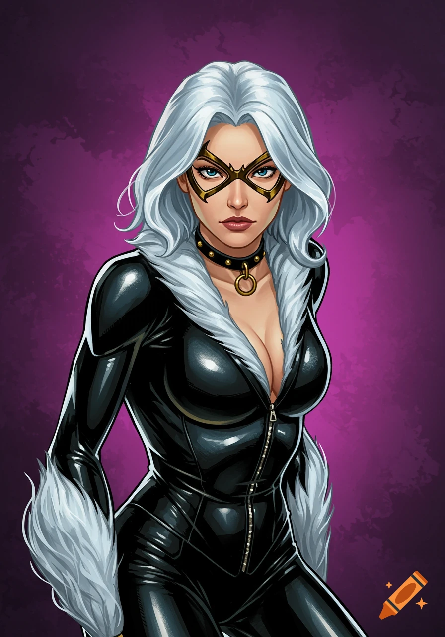A white-haired woman with a black mask and gold detailing wears a black fur-trimmed catsuit and choker in a comic book art style.