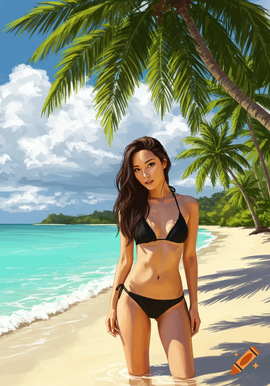 An Asian woman in a black bikini stands in shallow water on a sunny tropical beach with palm trees and turquoise ocean.