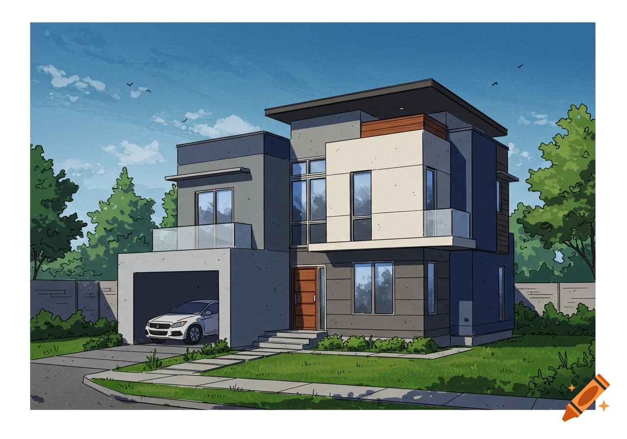 An illustrative drawing of a modern, multi-story house with a flat roof, large windows, and a garage containing a white car, surrounded by green trees and a lawn.