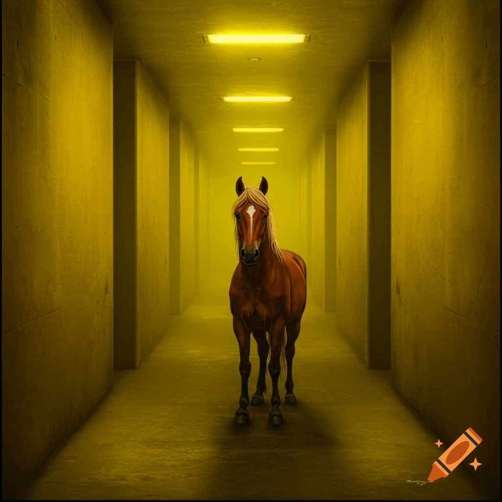 A brown horse with a white blaze stands in the middle of a long, narrow, yellow-lit corridor with fluorescent lights.