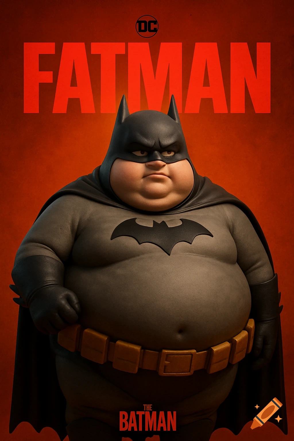 A stylized 3D render of a very chubby Batman, dressed in a grey suit with a black cowl and cape, standing against a red background. The poster has 'FATMAN' in large red letters at the top and 'THE BATMAN' in smaller red letters at the bottom.