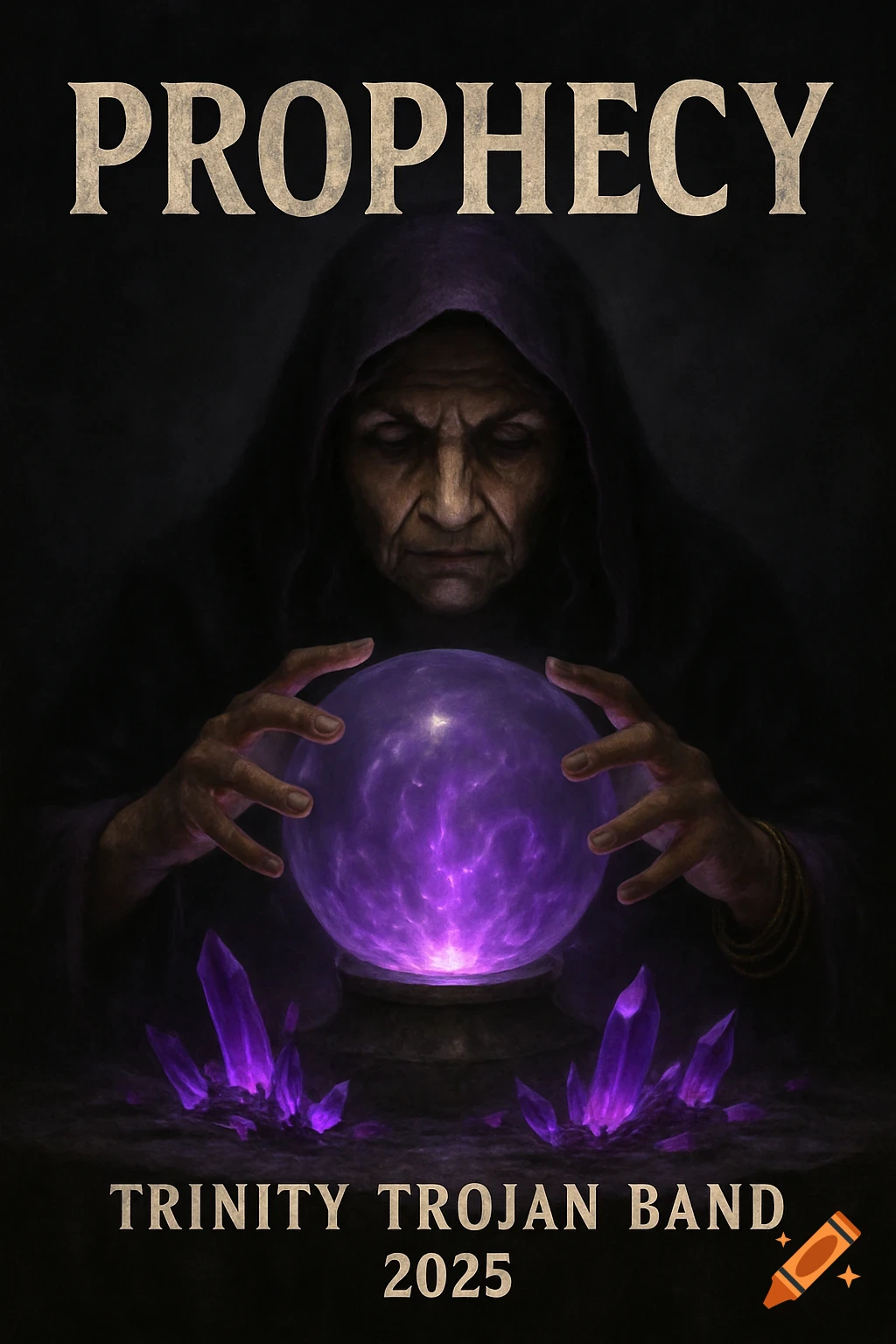 A dark-themed image of an old fortune teller in a hooded cloak gazing into a glowing purple crystal ball, with purple crystals at the base. The title "PROPHECY" is at the top, and "TRINITY TROJAN BAND 2025" is at the bottom.