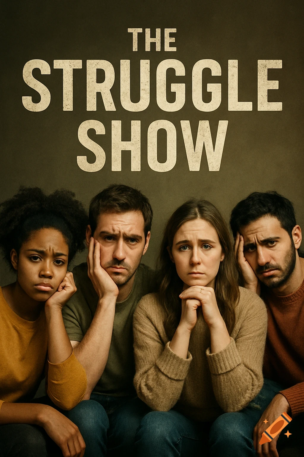A poster featuring four somber-looking individuals of diverse backgrounds, three men and one woman, with the title "THE STRUGGLE SHOW" in bold letters above them.