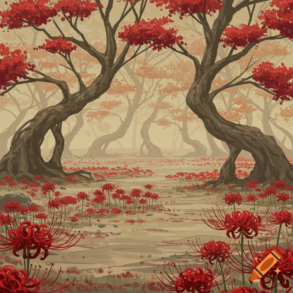 Stylized, eerie forest with gnarled trees and vibrant red spider lilies on a misty, beige ground.