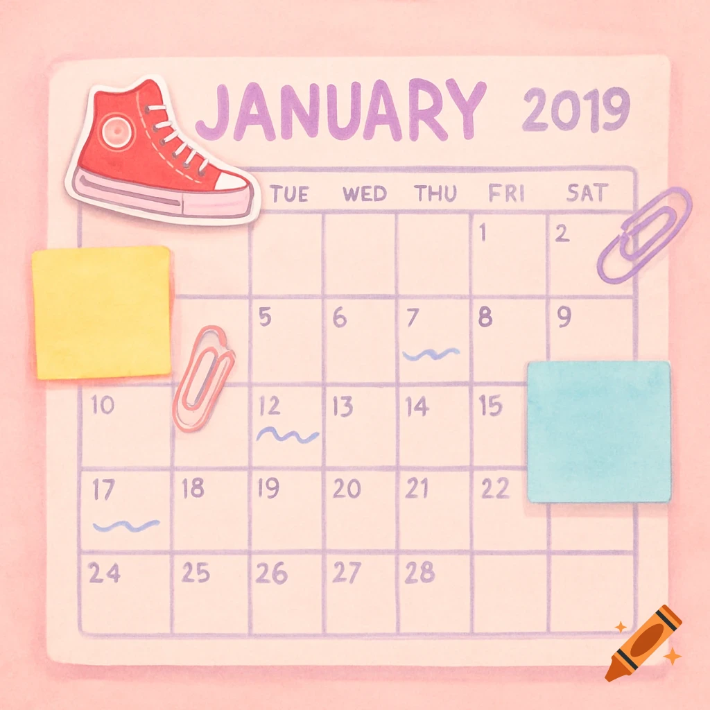 A pastel watercolor illustration of a January 2019 calendar with a red sneaker sticker, two paper clips, and two blank sticky notes.
