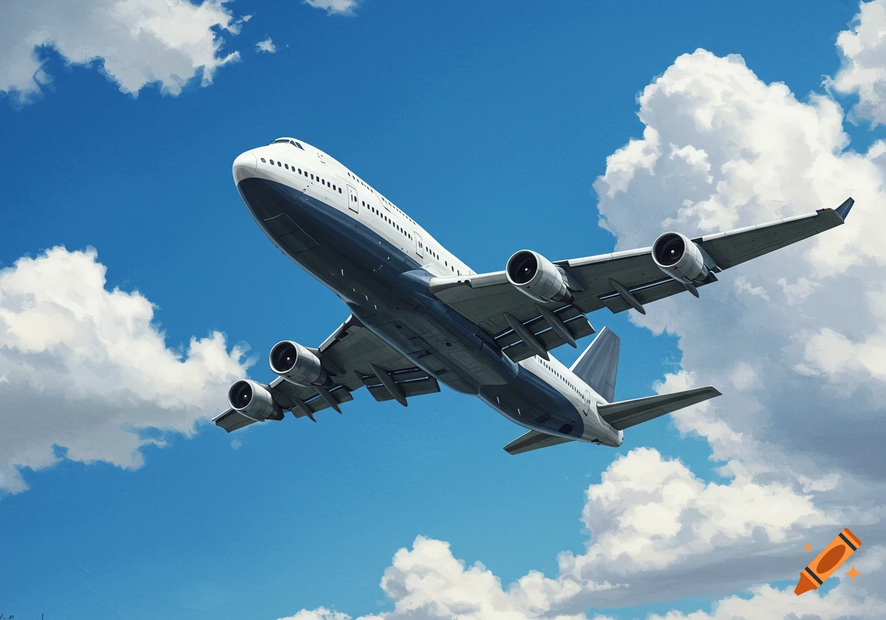 A large white and blue Boeing 747 airplane flying upward through a bright blue sky with scattered white clouds.