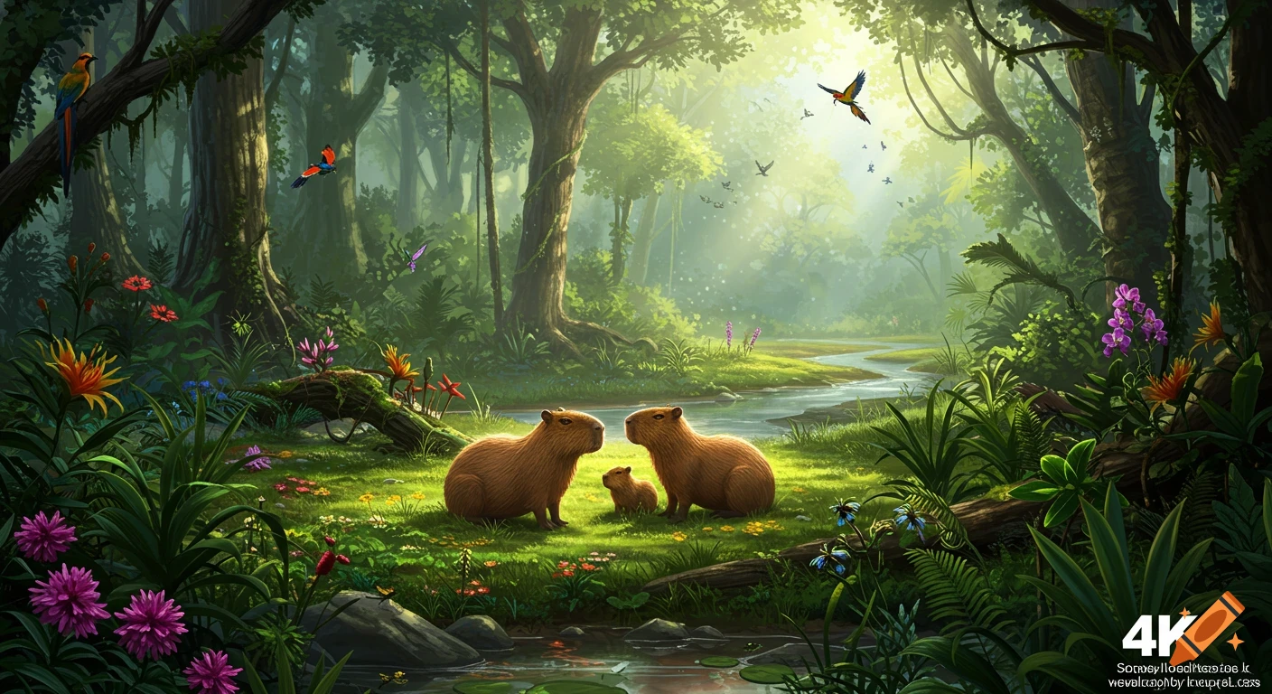 A family of capybaras sits in a sun-dappled rainforest clearing near a river, surrounded by lush green foliage and colorful flowers, with birds flying overhead in a detailed, illustrative style.