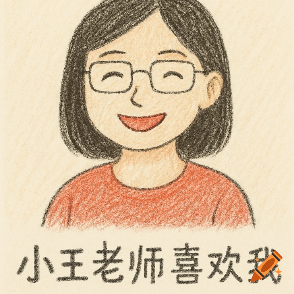 A smiling cartoon woman with short dark hair and glasses in a crayon drawing style, with Chinese text below.
