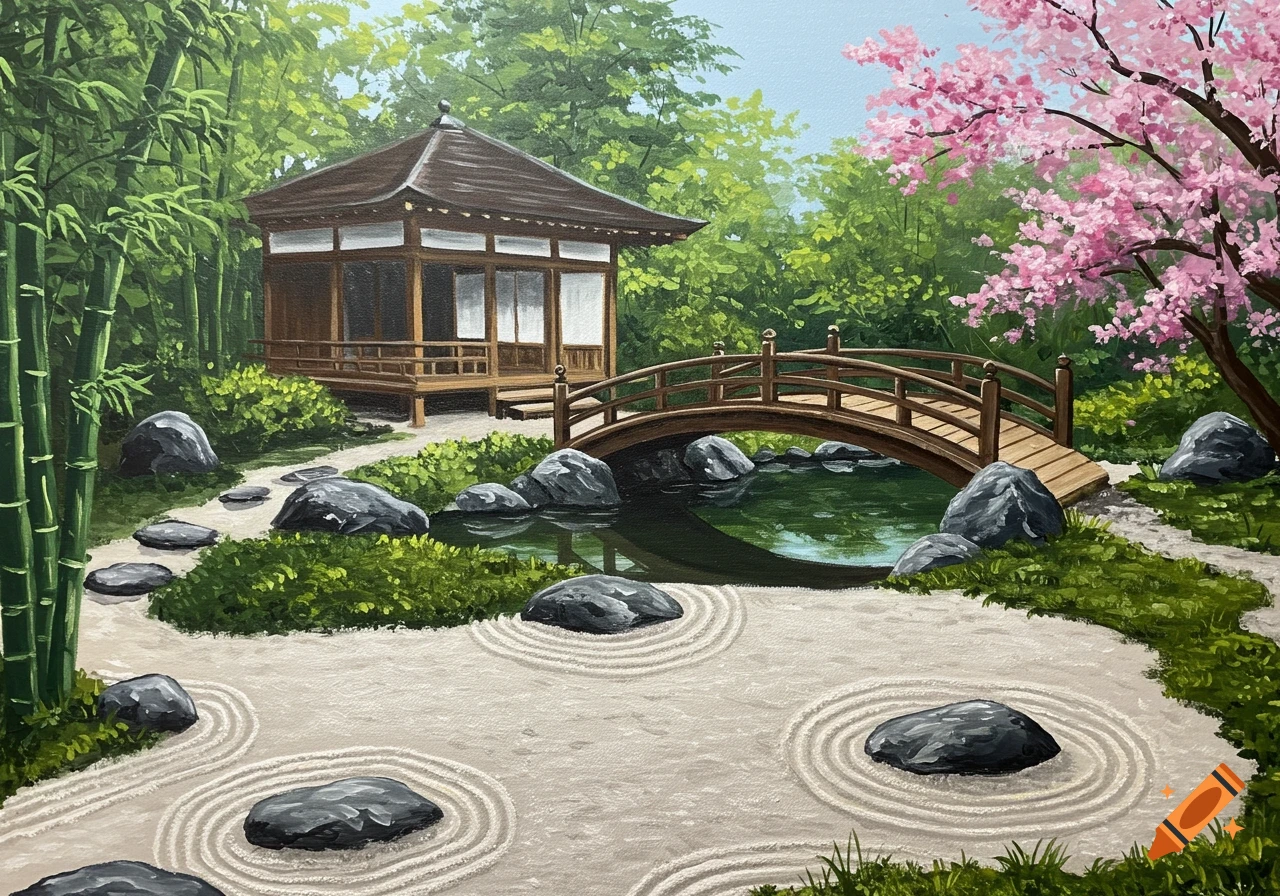 Acrylic painting of a serene Japanese garden with a pagoda, curved bridge over a pond, raked rock garden, bamboo, and cherry blossoms.