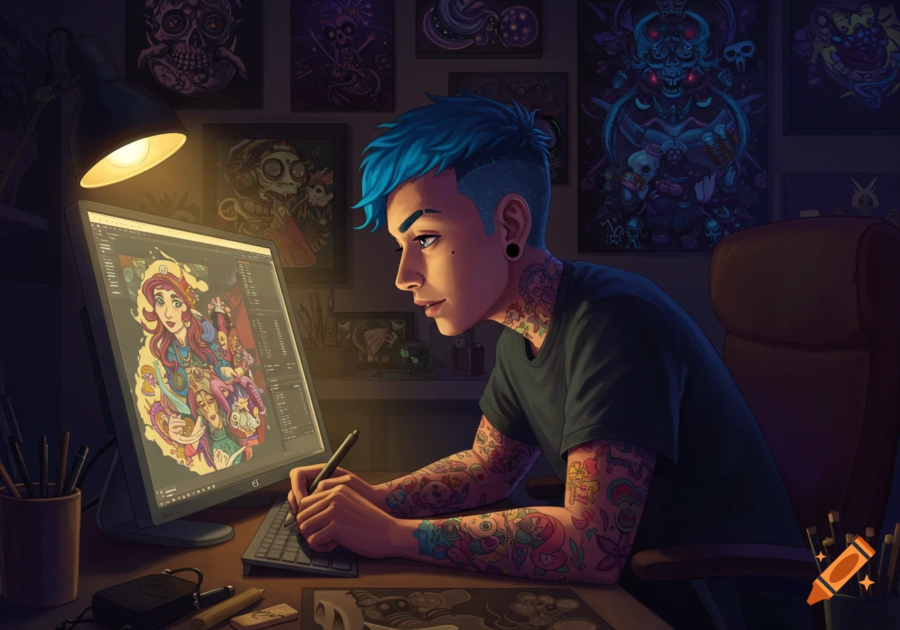 An artist with blue hair and colorful tattoos works on a digital illustration on a computer in a dimly lit room, surrounded by artwork.