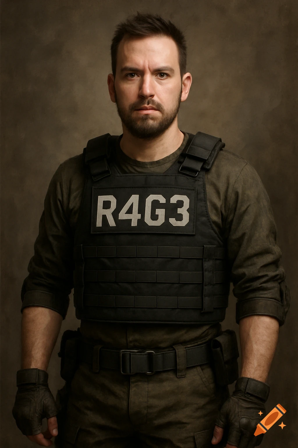 A serious man with a beard wearing a dark tactical vest with 'R4G3' on it, against a dark background.