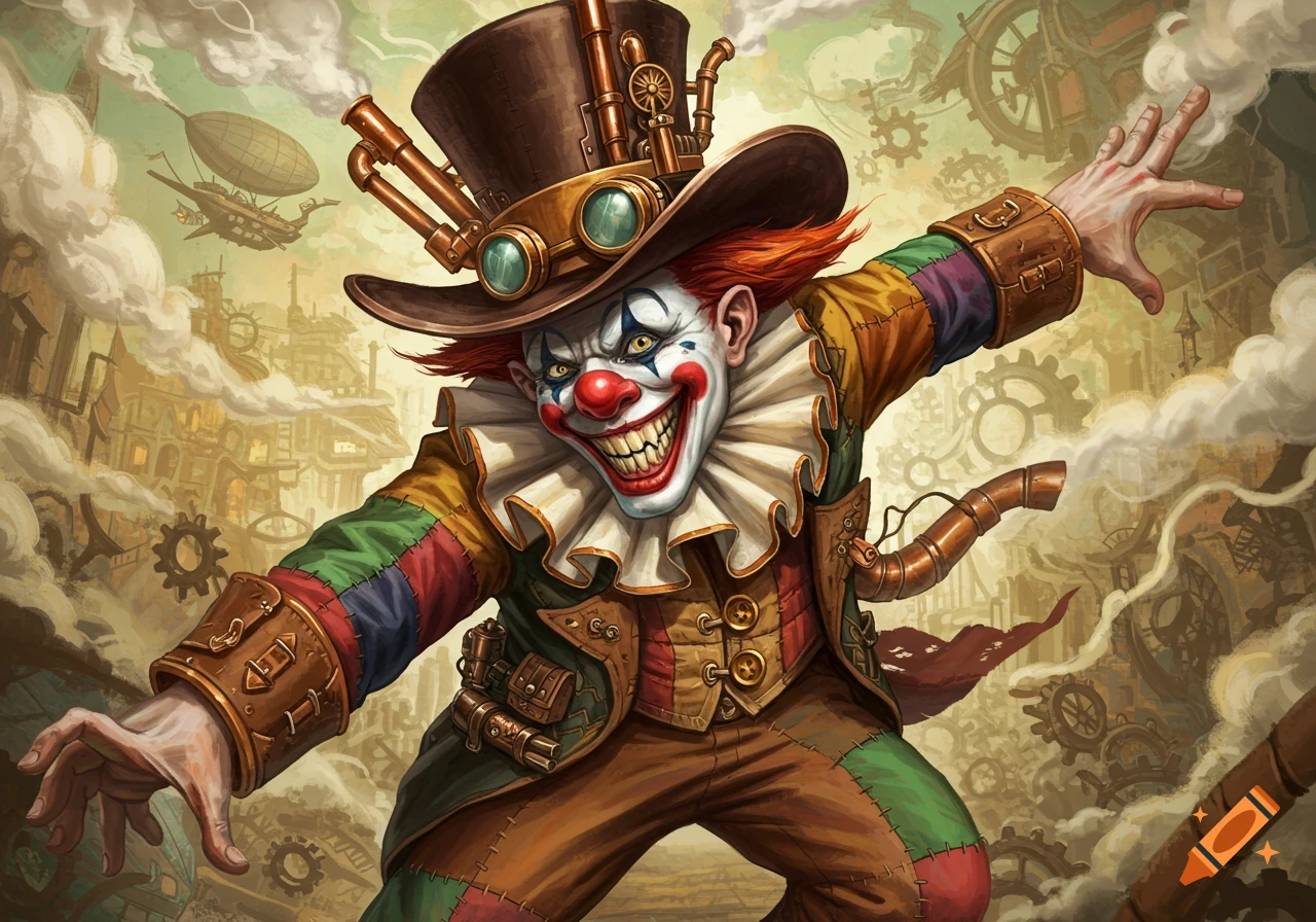 A sinister steampunk rodeo clown in a colorful patched suit and top hat, with gears and airships in the smoky background.