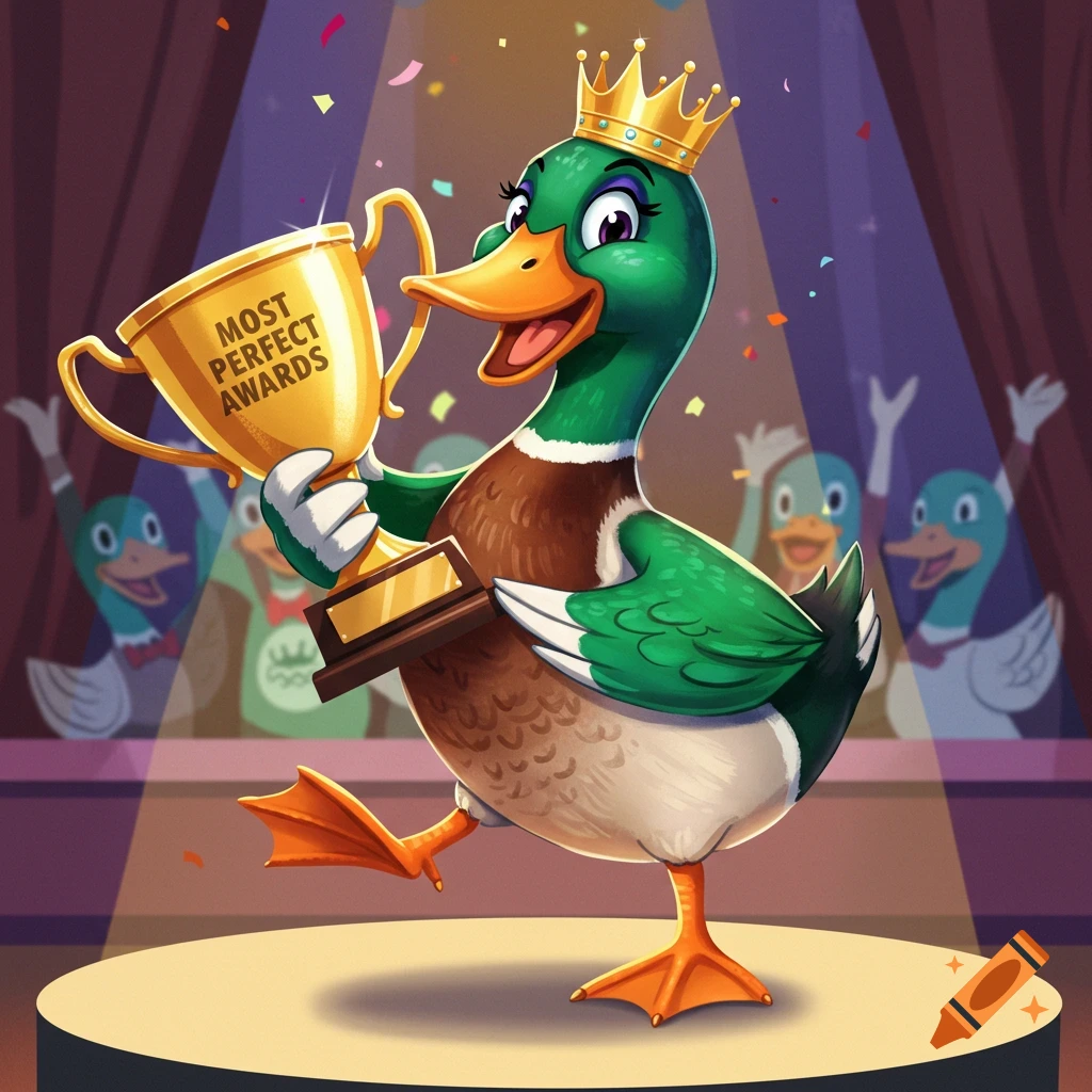 A cartoon female mallard duck wearing a crown on a stage, holding a golden trophy that says 'MOST PERFECT AWARDS' as other ducks cheer.