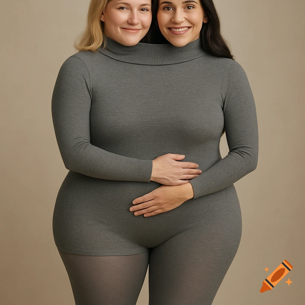 Two smiling women in a grey connected turtleneck bodysuit, creating a two-headed illusion.