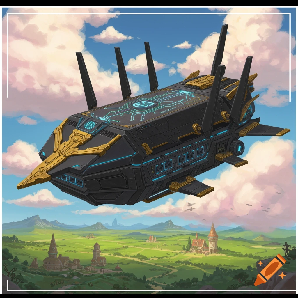 Futuristic black and gold airship with glowing blue accents flying over a green fantasy landscape with castles and mountains.
