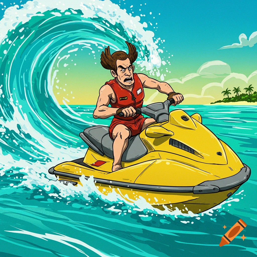 Cartoon illustration of Kryten riding a yellow jet ski on a large wave with an island in the background.