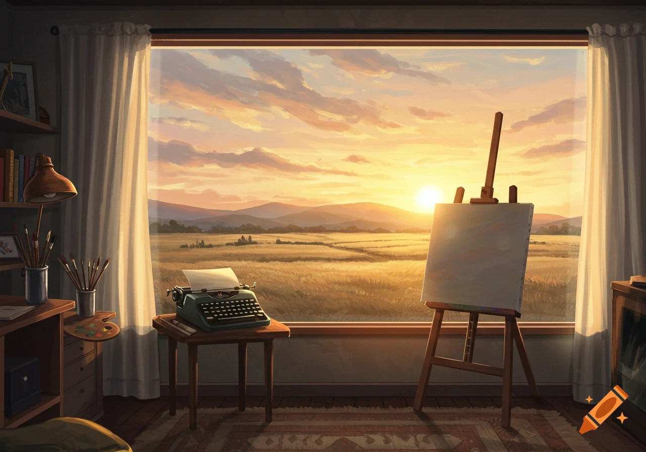 Cozy room with a typewriter, easel, and painting supplies, looking out ...