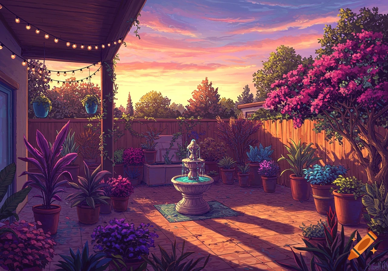 Illustrated backyard patio at sunset with potted plants, a tiered fountain, string lights, and a vibrant pink and orange sky.