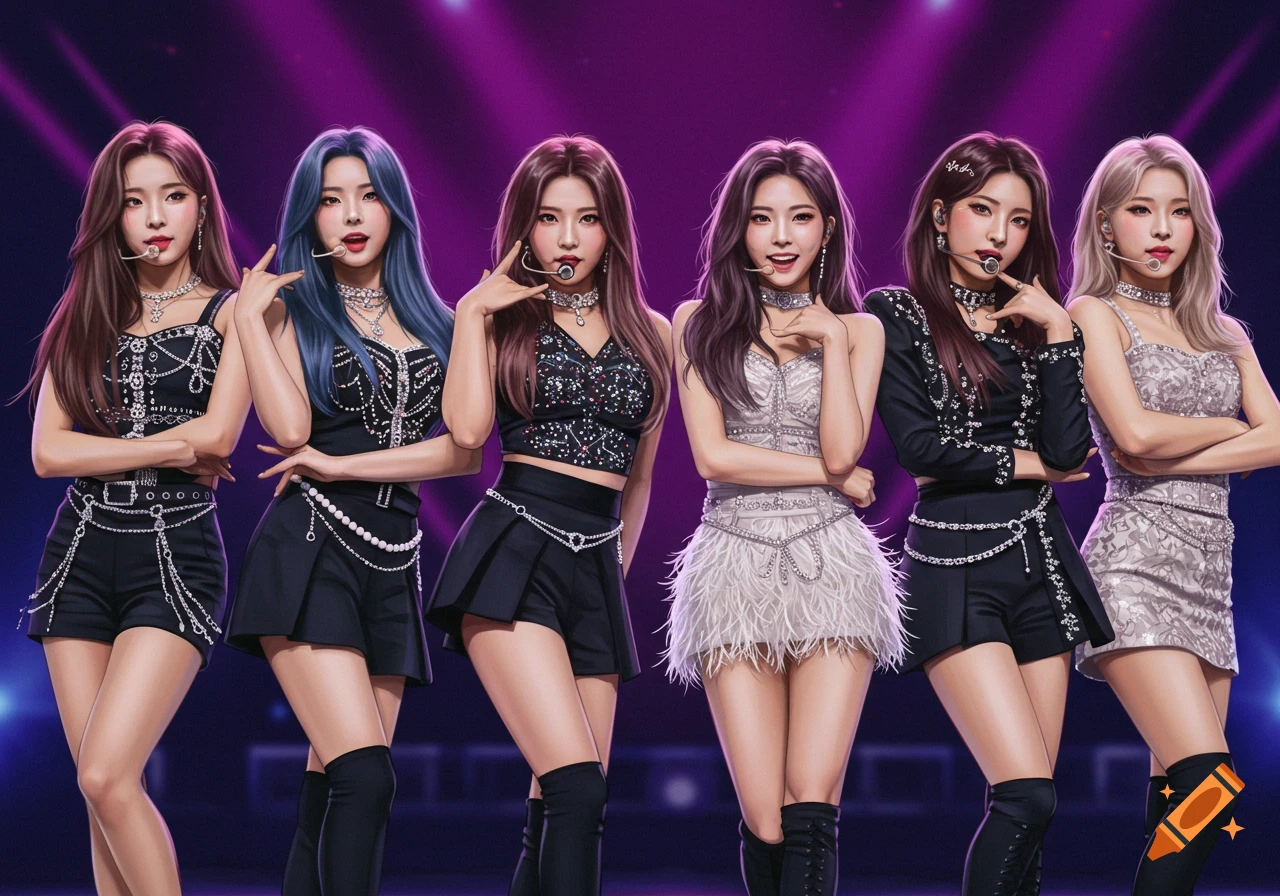 Six K-pop girl group members in detailed, sparkling outfits posing on a stage with purple lighting.