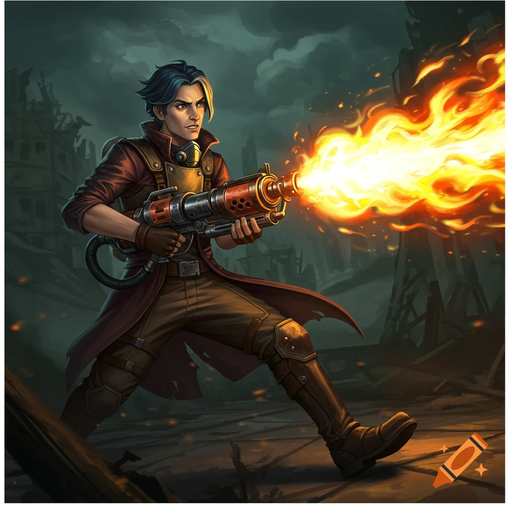 An illustrated character in steampunk attire fires a flamethrower in a ruined, desolate landscape.