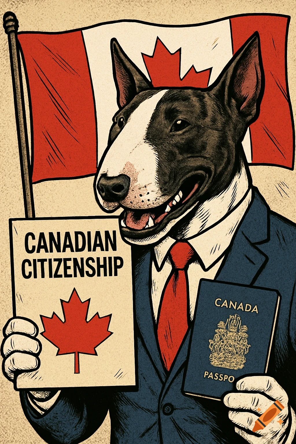 A comic book style illustration of a happy bull terrier in a suit and red tie, holding a Canadian citizenship document and a Canadian passport, with a Canadian flag in the background.