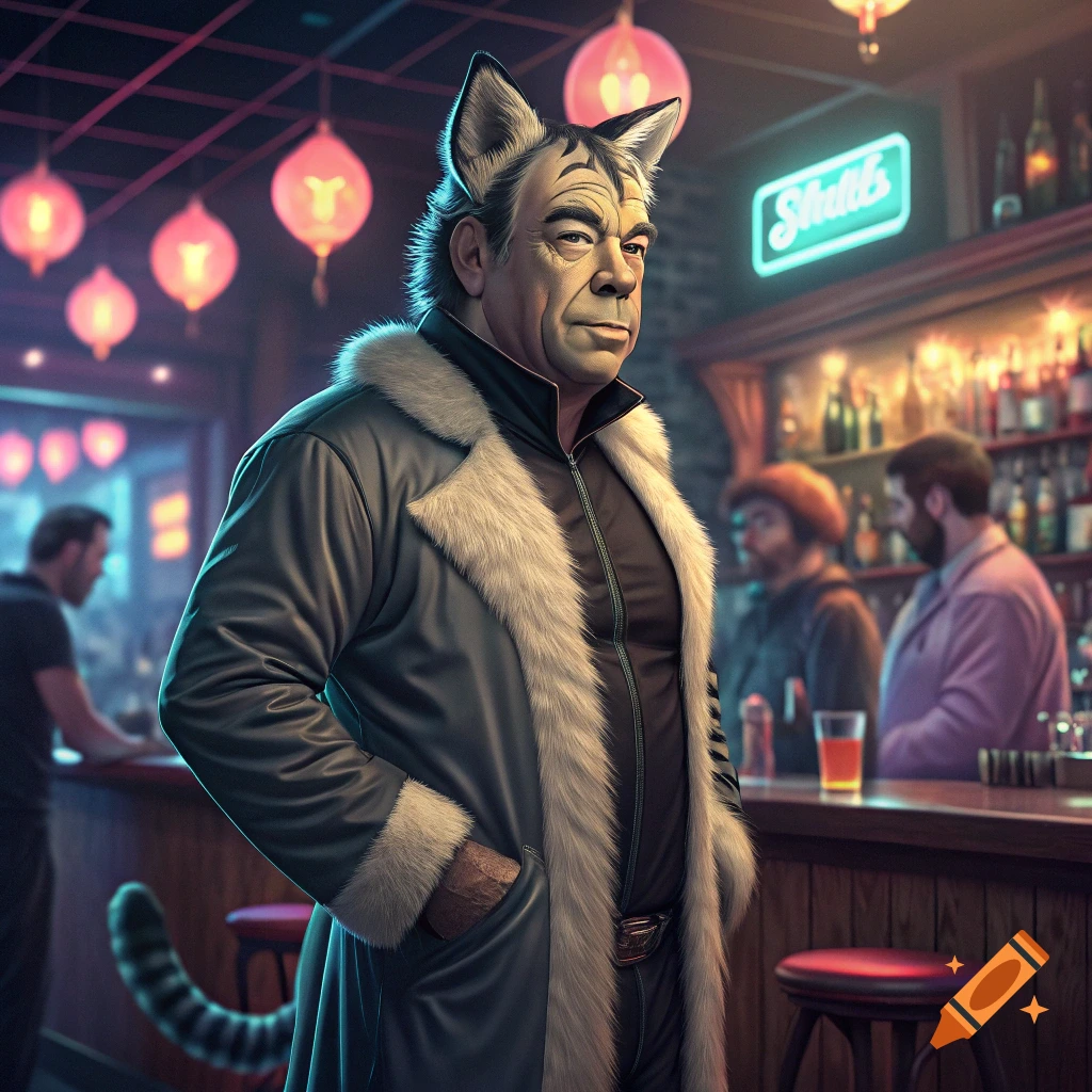 Photorealistic portrait of Jon Taffer as a cat in a fur-lined coat inside a dimly lit bar with red lanterns.