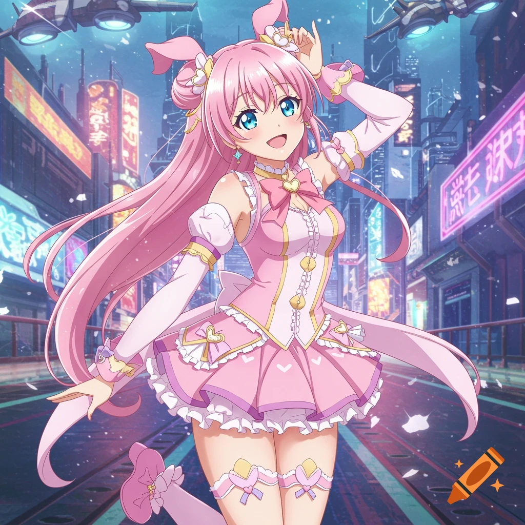 An anime girl with long pink hair and a frilly pink dress poses cheerfully in a neon-lit futuristic city.