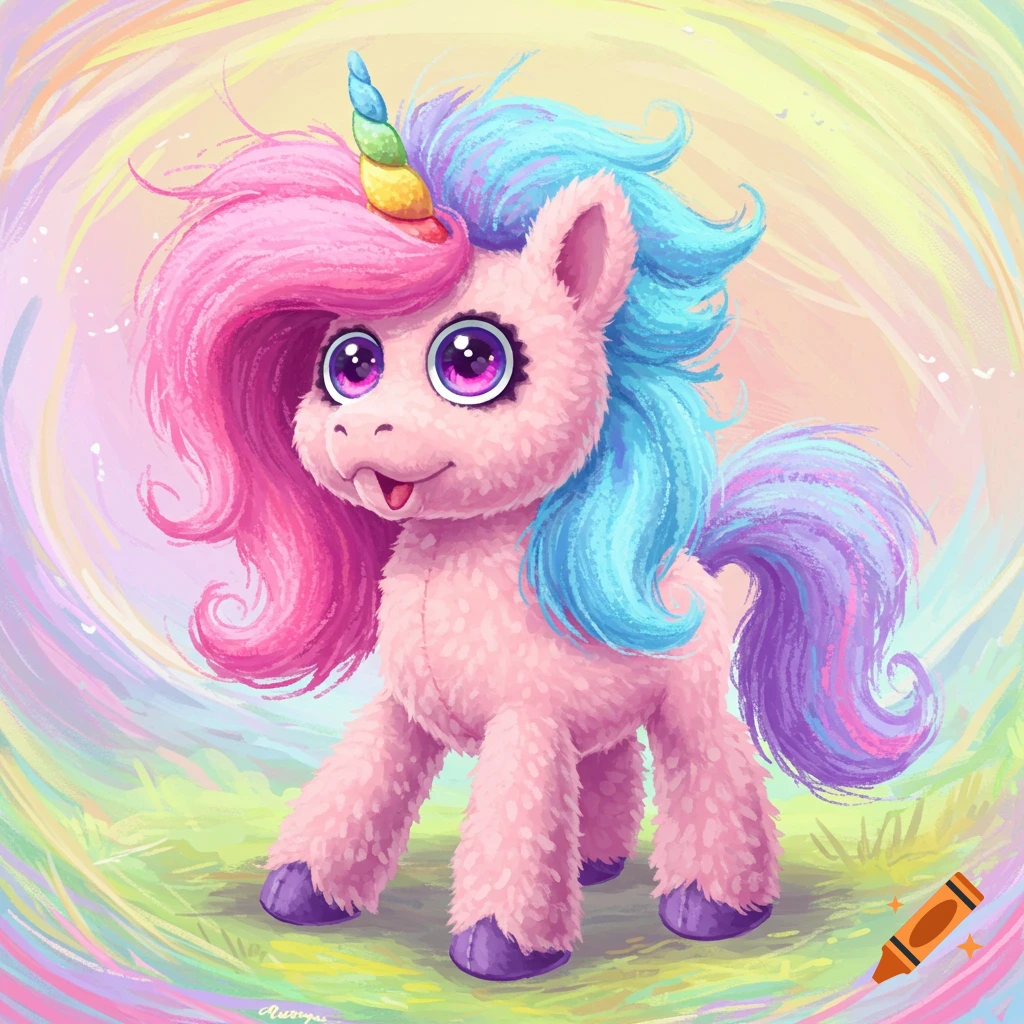 A fluffy pink unicorn with a rainbow horn and pink and blue mane stands against a pastel swirling background.