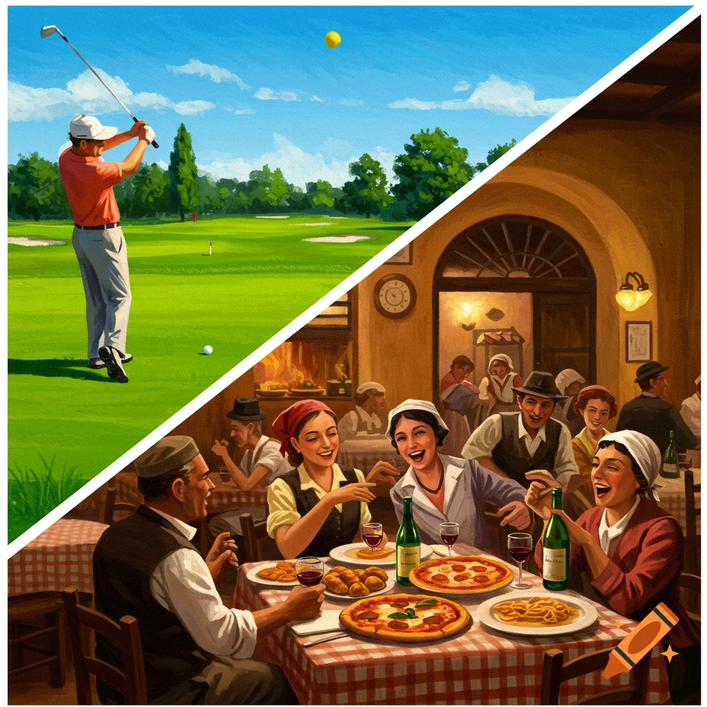 A diagonal split image with a golfer on a course on the left and people dining in an Italian restaurant on the right, in a painterly style.