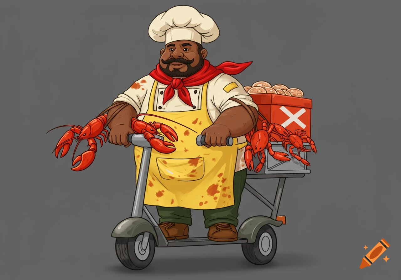A cartoon of a chubby Black chef with a mustache and a red scarf, wearing a yellow stained apron, riding a delivery scooter and carrying several live lobsters and crabs.