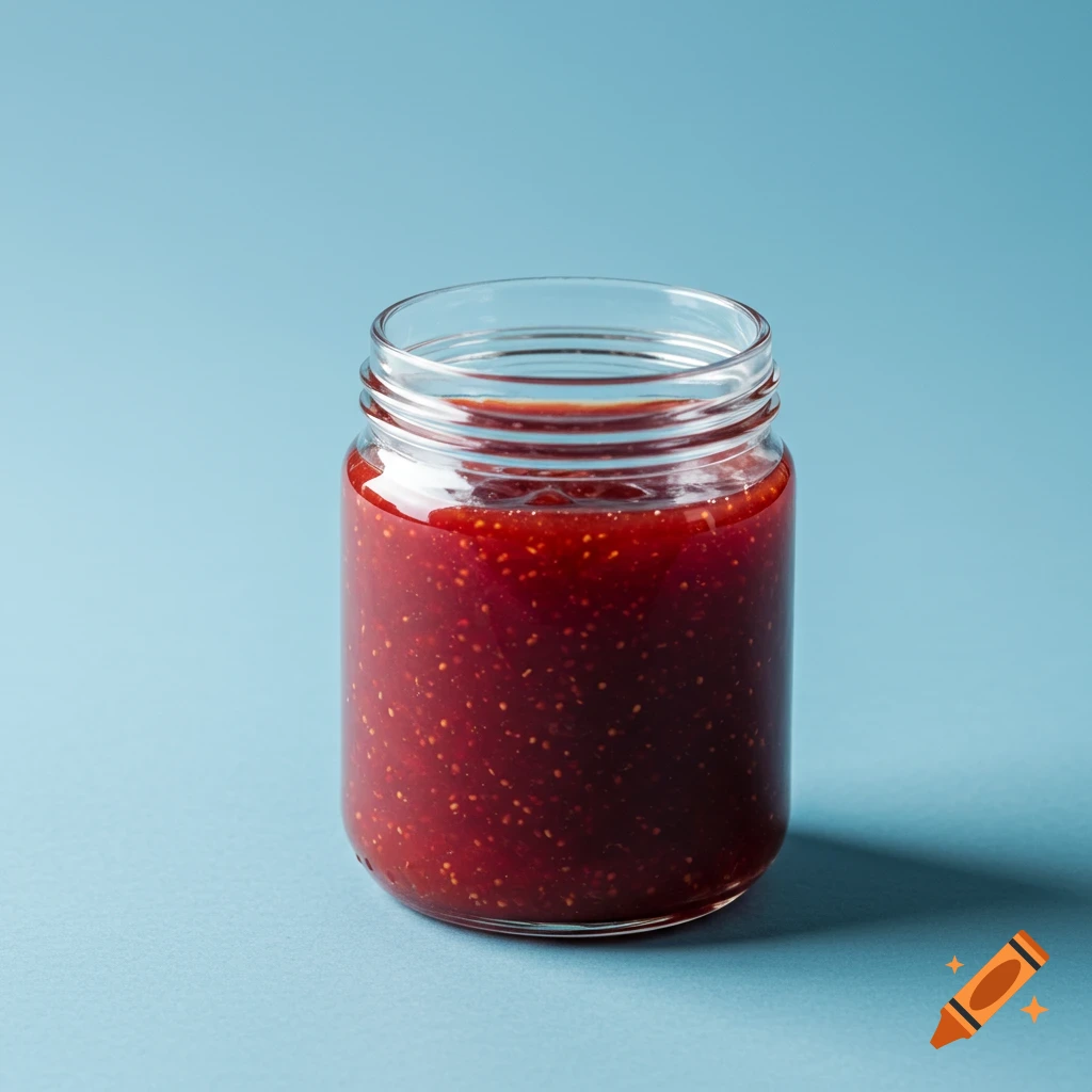 A clear glass jar filled with red fruit jam, featuring small seeds, sits on a light blue background.