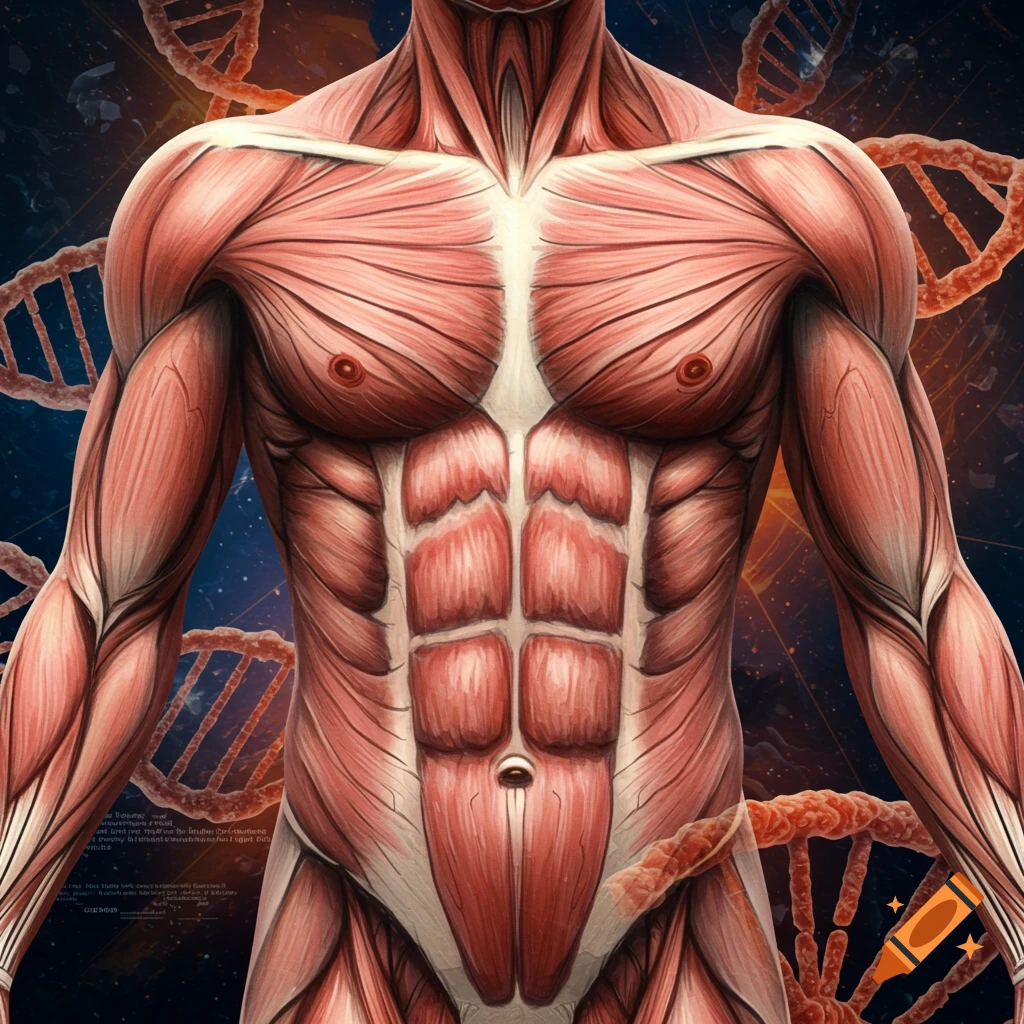 Close-up of a human muscular system, with a DNA helix pattern in the background.