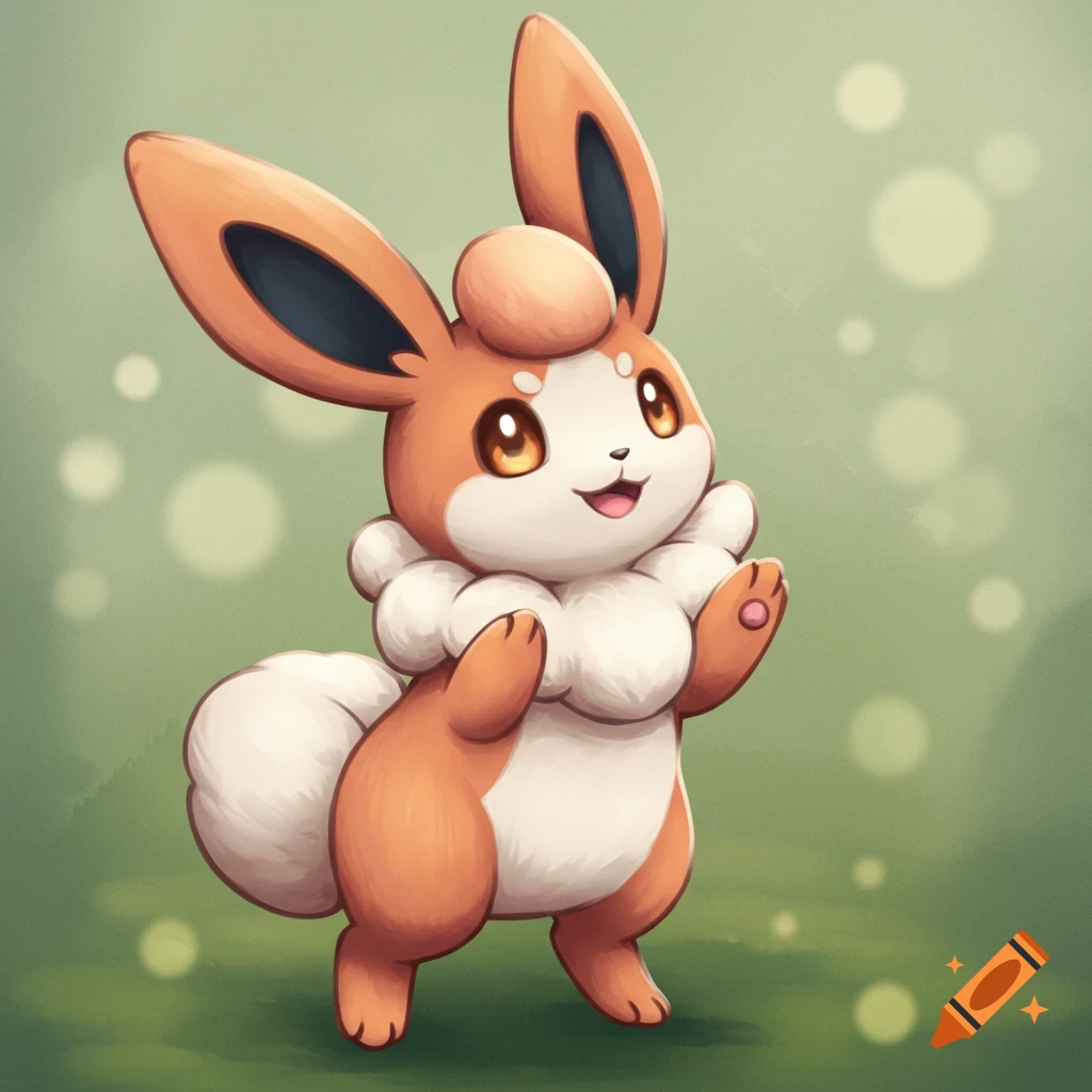 A cute, fluffy orange and white creature with large ears and a bushy tail, similar to a Pokémon, stands on a green background with soft light circles.
