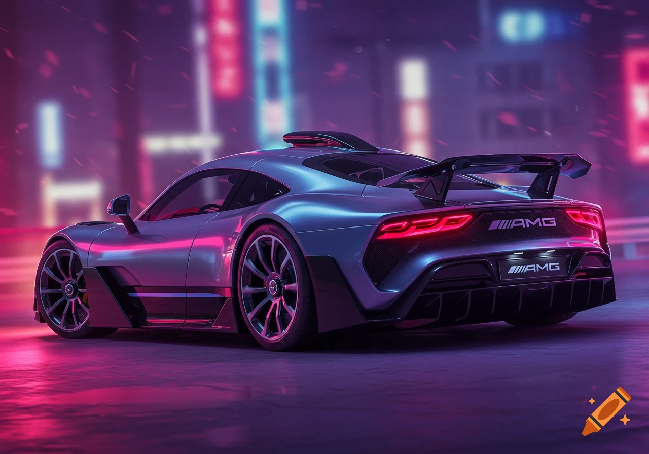 Sleek silver Mercedes-AMG One sports car on a wet street at night, illuminated by vibrant pink and blue neon city lights.