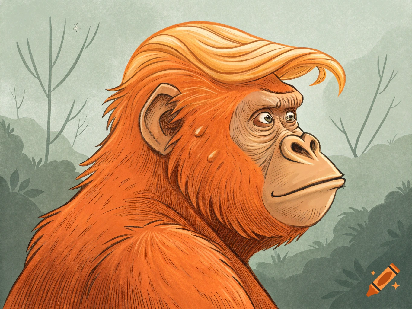 A cartoon illustration of an orange gorilla with a blonde, coiffed hairstyle, looking right in a forest.