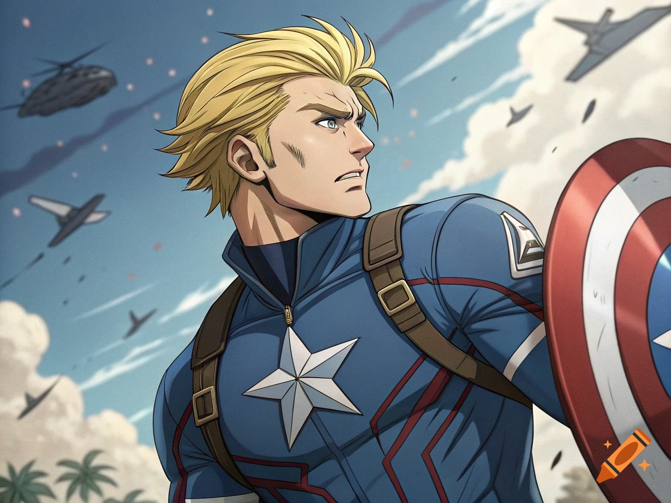 Anime style portrait of a blond superhero resembling Captain America with his shield, looking intensely to the right against a sky with military aircraft.