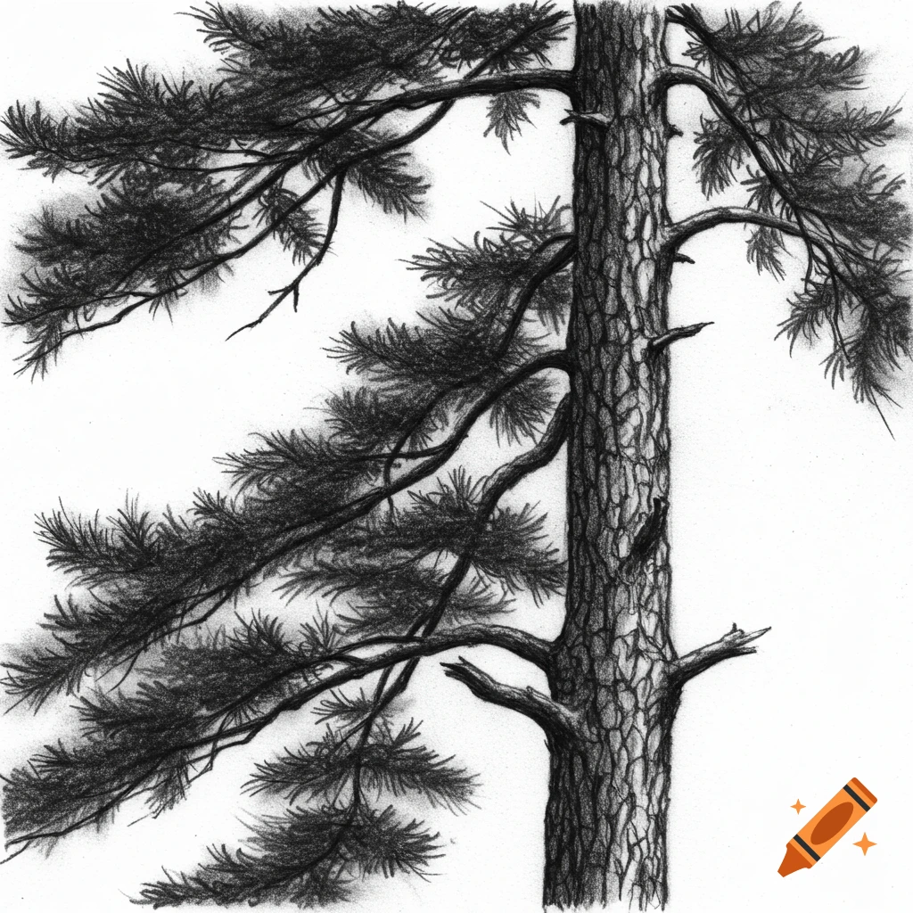 Detailed charcoal sketch of a pine tree trunk with branches and needles against a white background.