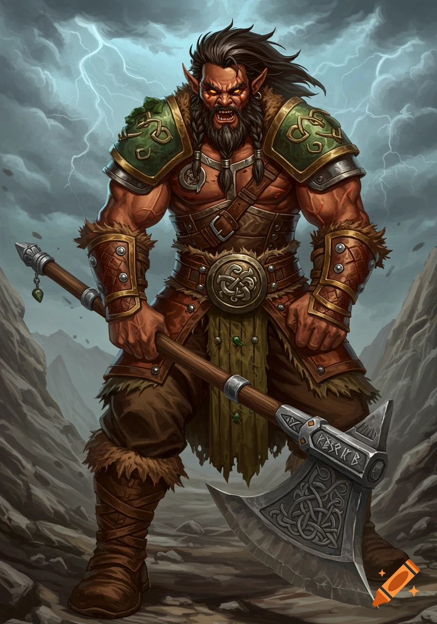 A powerful, bearded earth genasi barbarian warrior in leather and fur armor holds a large axe under a stormy, lightning-filled sky.