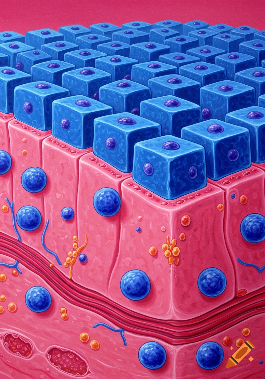 A stylized illustration of simple cuboidal epithelium, showing blue cube-like cells on a pink tissue base with spheres and tubules.