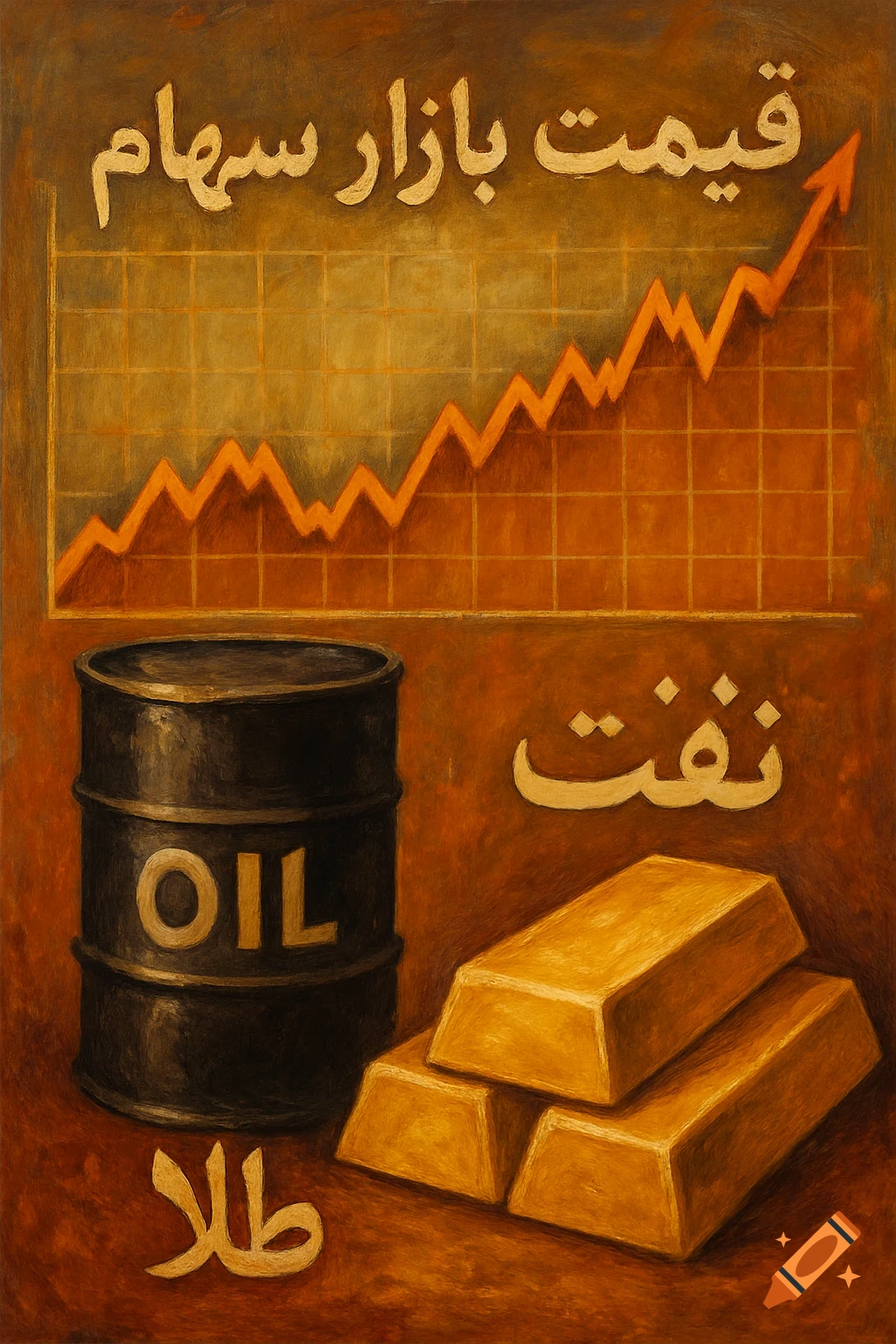 A financial graphic featuring a rising stock market chart, an oil barrel labeled OIL, and three gold bars, with Persian text.