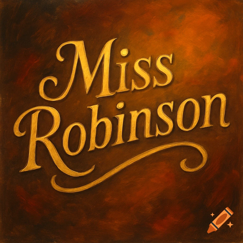 Golden ornate script spells 'Miss Robinson' against a dark reddish-brown textured background.