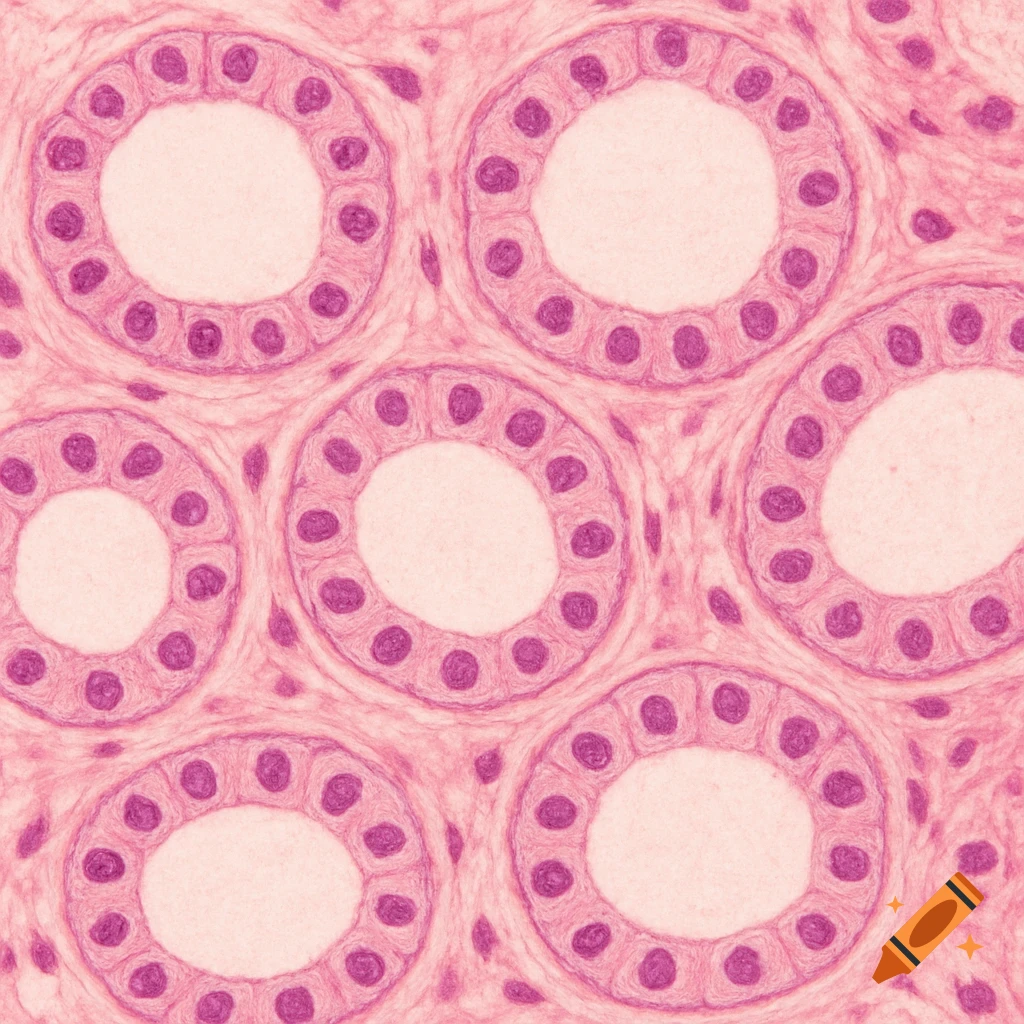 Microscopic view of pink simple cuboidal epithelium tissue showing circular structures with purple nuclei.
