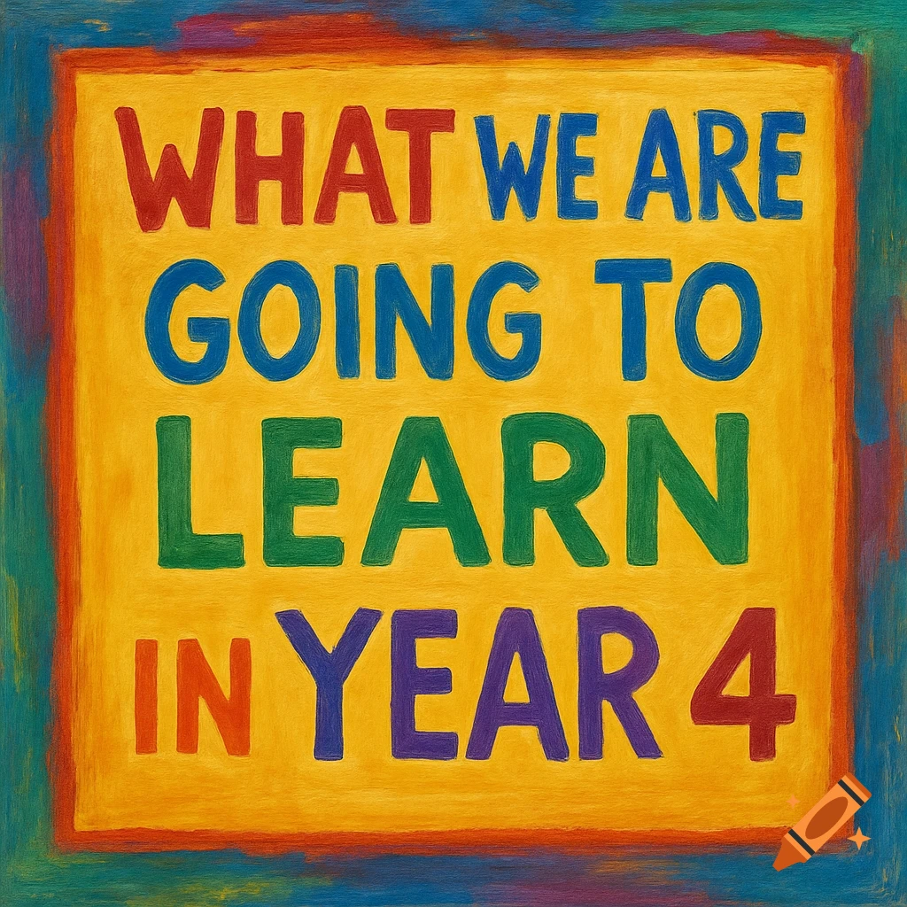 A colorful sign with the text 'WHAT WE ARE GOING TO LEARN IN YEAR 4' in a textured, crayon-like art style.